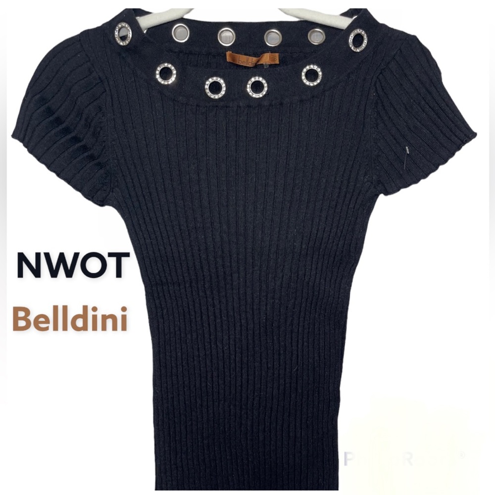 Belldini Women's Sweater Blouse Top Sz S Shirt Black W Crystal NEW!